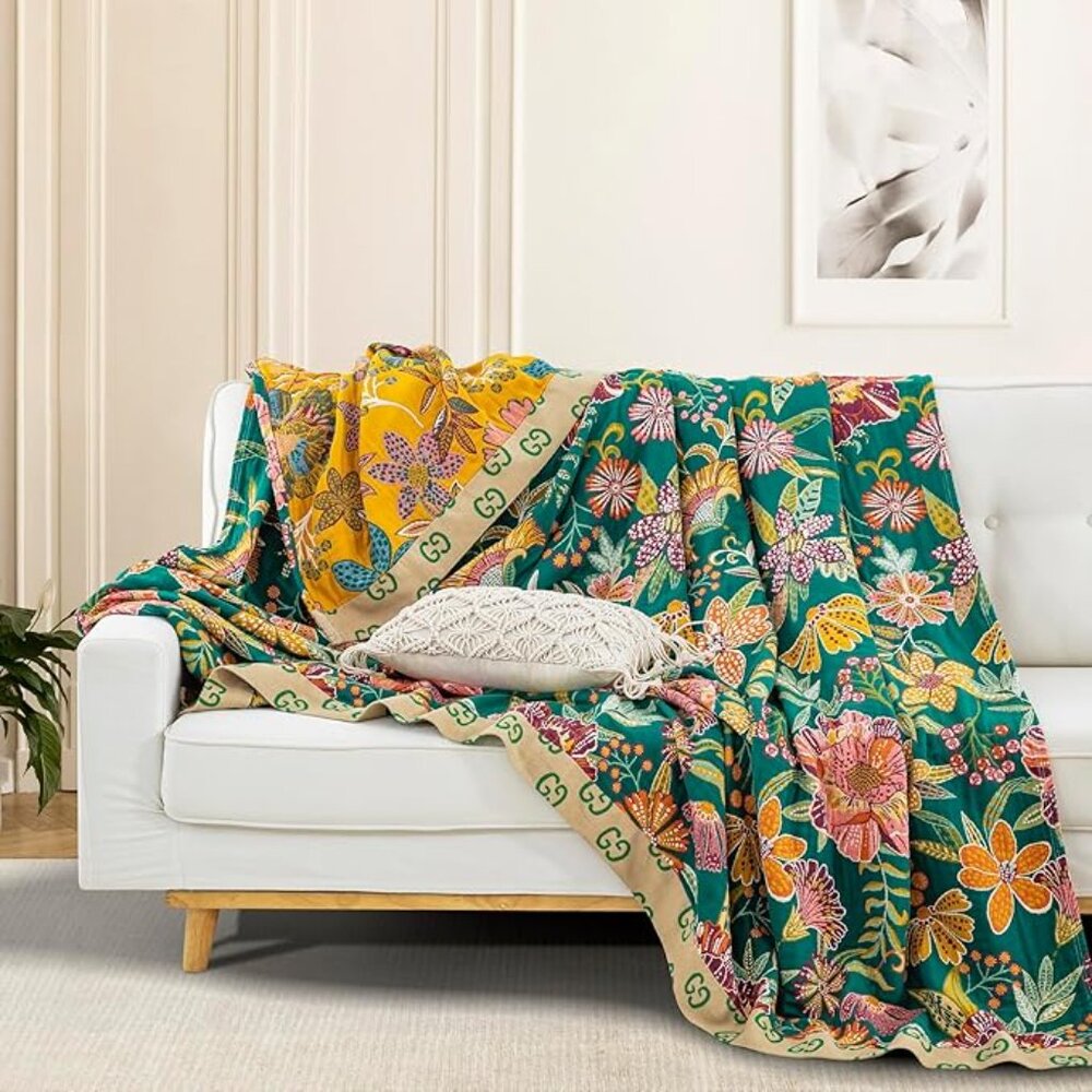 Purefair Muslin Cotton Throw Blanket | 80"x90" | Green Floral | Reversible